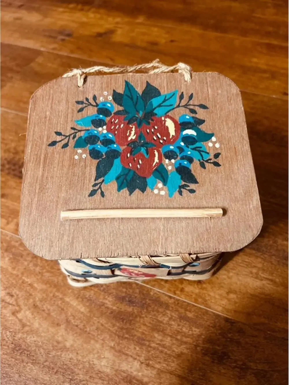 Handwoven Wooden Basket with Painted Lid and Decorative Accents